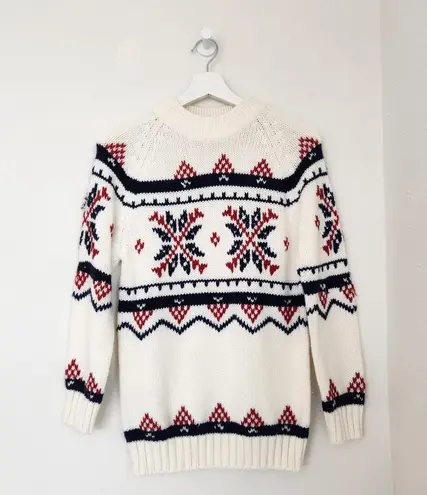 Vintage 80s Red Navy Snowflake Knit Sweater White Acrylic Pullover Grandpacore M