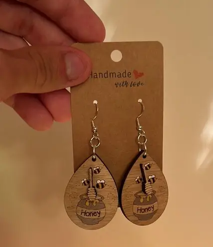 Handmade NWT Pot of Honey BumbleBee Wooden Painted Earrings