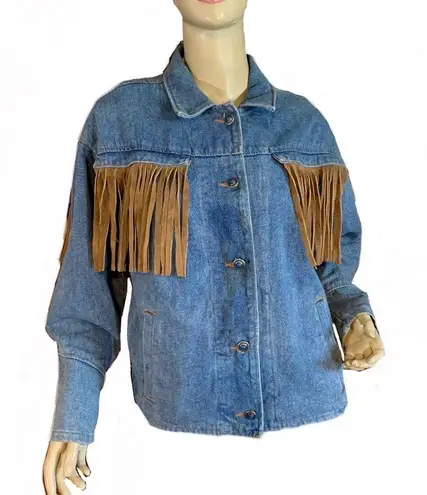 VINTAGE 1990'S STREET WORN BLUE DENIM JACKET W/TAN SUEDE FRINGE ACCENTS (M) Size M