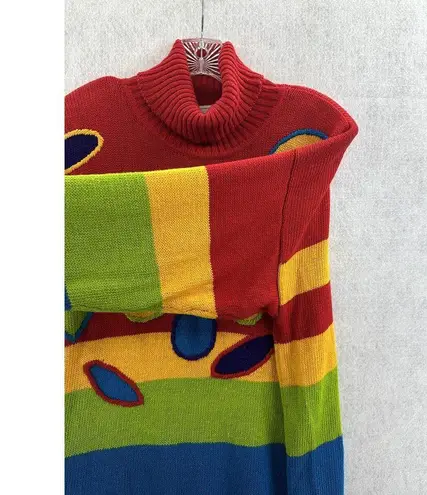 Santoria Large 3D Sweater Turtle Neck Shoulder Pads Red Vintage 90s Rainbow