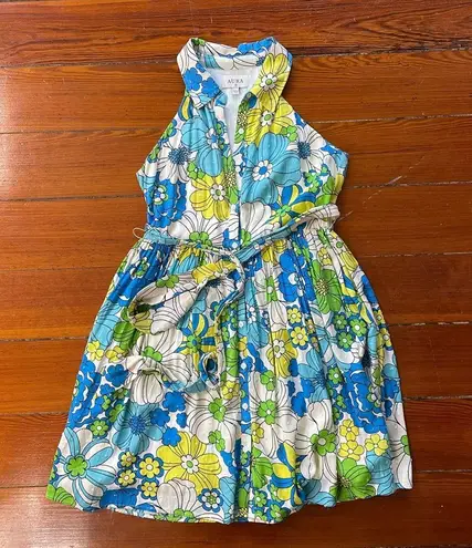 Aura Naturally Joyful Blue Multi Floral Print Mini Dress w/ Pockets - Sz Small