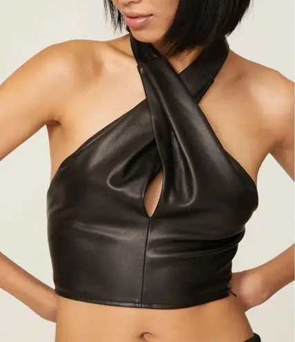 STAUD Kai Faux Leather Halter Crop Top Black Keyhole Twist Sleeveless Vegan sz12