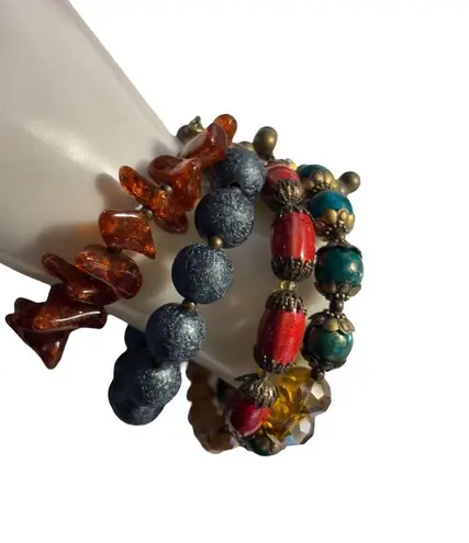 Colorful Multicolor Beaded Elastic Bracelet Set With Turquoise Red Amber & Yello