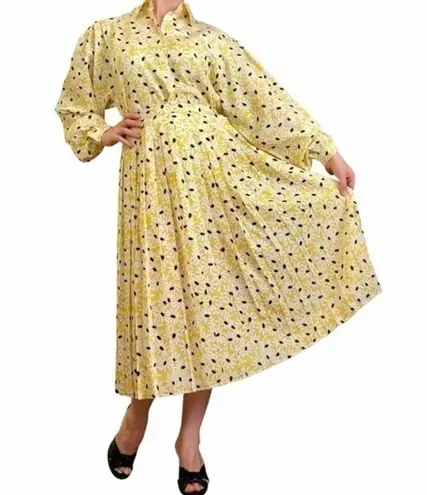 Jaeger Vintage London Yellow Floral 2-Piece Blouson Midi Dress