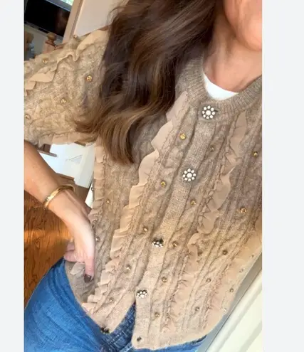 Maeve NEW Short-Sleeve Embellished Ruffled Cardigan Sweater