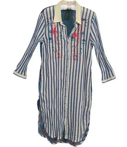 Aratta Silent Journey Floral Stripe Shirt Dress size Medium Blue