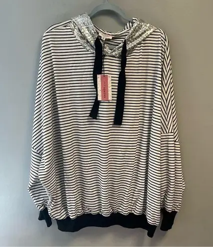 Andrée Top Black & White Striped Hoodie with Silver Sequin Hood Sz 3X NWT