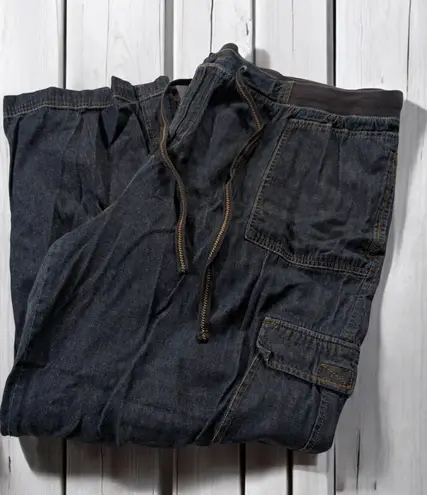 1990's Essentials Cargo Jeans Plus Size 26/28 Elastic Waistband Drawstrings Pants Pockets Vintage