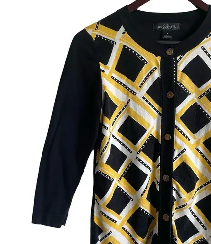August Silk Women Cardigan Sweater S Navy Yellow Geometric Print Preppy Academia