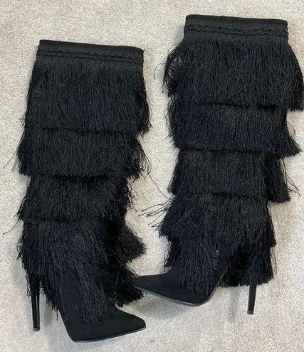 Just Fab Women Size 6 Waylin Black Fringe Thigh High Boots #I3..