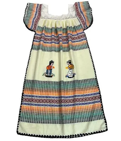 Vintage 70s Handmade Embroidered Ecuador Blanket Kaftan Dress Medium Large Orange