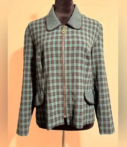 EUC Sunshine Starshine Green and Black Plaid Fitted Zip Up Jacket size 8