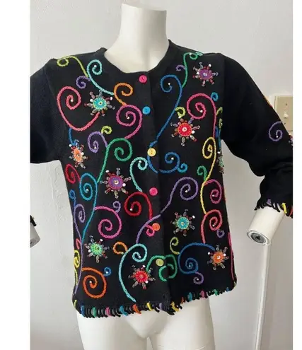 Jane's Closet Black Multicolor Beaded groovy Embroidered funky cardigan Small
