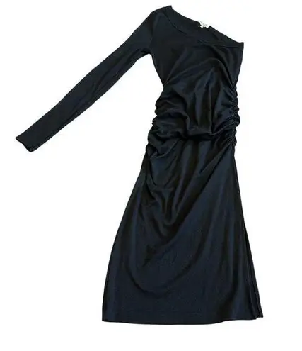 Michael Stars Black One Shoulder Dress Long Sleeve Ruched Stretch Size Large