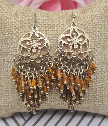 None Cute Gold Tone Dangle Bead 3" Drop Earrings Open Work Amber Color & Brown Beads