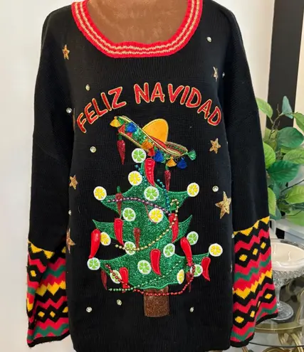 Ugly Christmas Sweater Feliz Navidad Mexican Tree Sombrero Chili Peppers 2X Green Size XXL