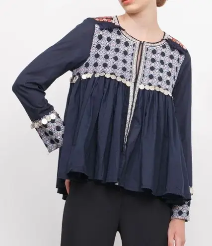 Lovestitch Embroidered Silver Coin Detail Boho Peasant Blouse Jacket Size Medium