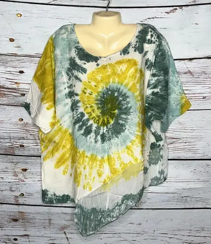 Kaktus NWT Size L Green & Yellow Tie Dye Chiffon Hemline Oversized Top Size L