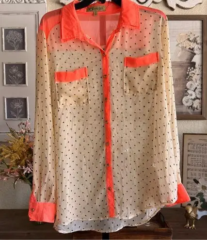 Democracy Polka Dot Sheer Blouse Large Neon Collar Button Up Layering Piece