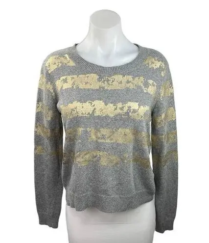 Rachel Roy Gray Gold Cashmere Metallic Striped Crew Neck Pullover Sweater Top S