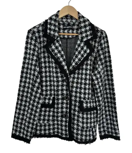 Karl Lagerfeld Sweater Blazer Preppy Womens Large Blue Black Houndstooth Pockets
