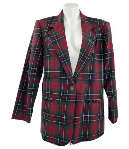 SAG HARBOR Vintage Tartan Plaid Single Breasted Wool Blazer Size 14 Christmas Red