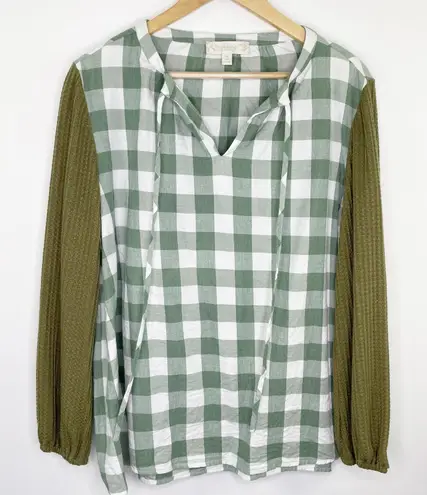 Suzanne Betro Weekend Green White Check Mixed Media Blouse Women's Size Medium M