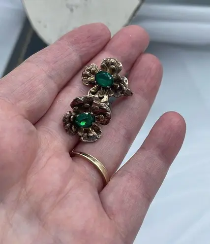 Vintage Raleigh gold vermeil flowers with green glass clip earrings