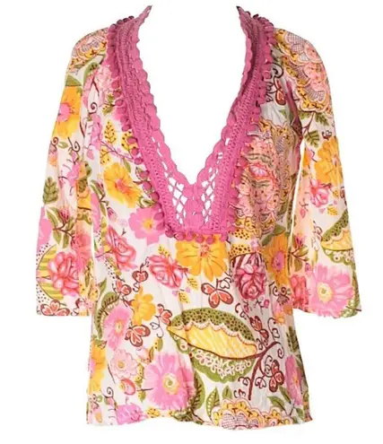 Monique Leshman š Floral Print Pom Pom Tunic Top š Fuchsia Pink Spring Yellow