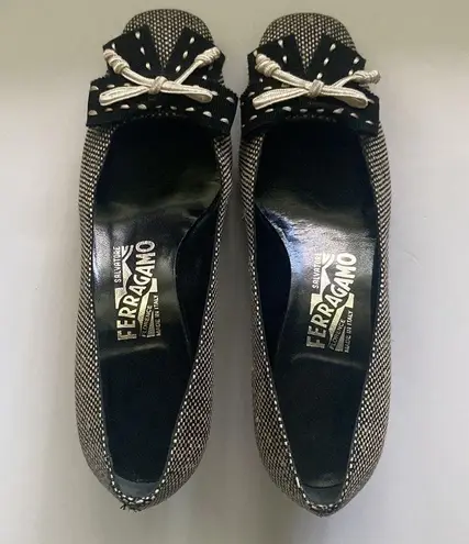 Salvatore Ferragamo black woven bow low stacked slip on heels, size 6