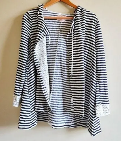 Skies Are Blue Striped Open Front Hooded Top Sweatshirt Hoodie Womens S Pockets