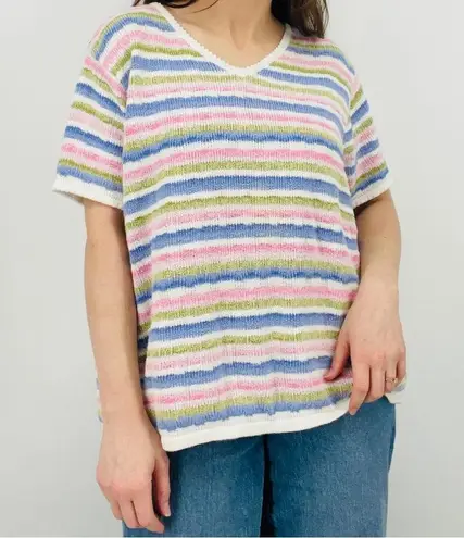 vtg cottagecore dainty scalloped pastel striped knit sweater ramie cotton top Pink Size XL