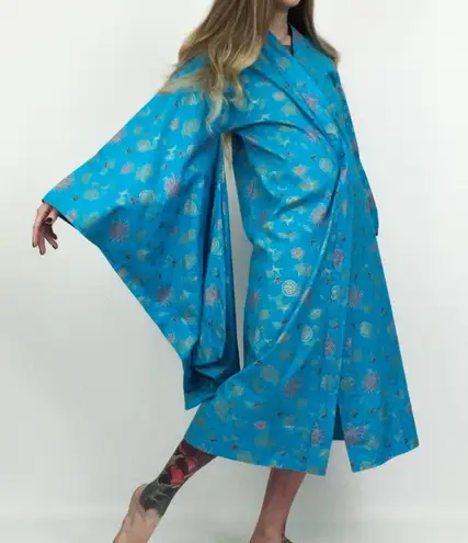 Vintage Patterned Kimono Robe in Aqua Blue | Size S/M