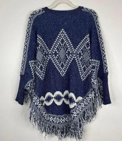 Aztec Blue & White Printed Fringe Trim Knit Poncho Size M