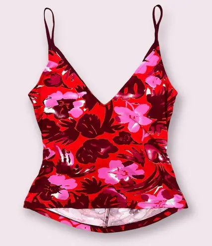 Moda International Vintage Y2K Red Pink Floral Tropical Ruched Keyhole Tank Top