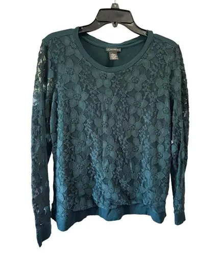 Adrianna Papell  Top Womens Large Dark Pine Green Lace Long Sleeve Crew Neck A7-3