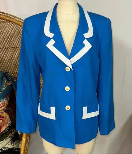 Oleg Cassini Vintage 80s Blazer Jacket Bright Lapis White Trim Gold Lion Buttons - Image 12