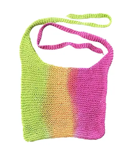NEW Crocheted Crossbody Hobo Bucket Bag Adjustable Tie Straps Green Orange Pink