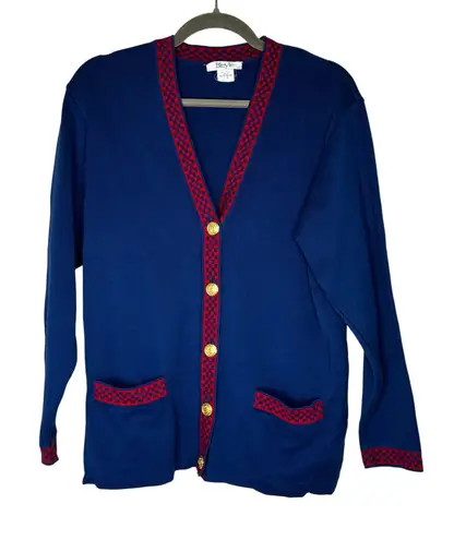 Navy Vtg Cardigan Sweater Red Checkerboard Trim Gold Buttons Sz Med Blue
