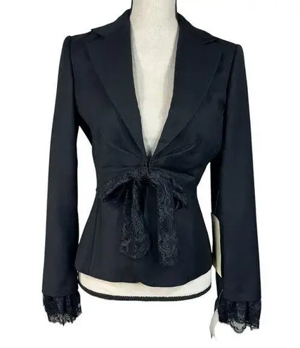 Bloomingdale’s Petite SZ 6P Wool Blazer Jacket Lined Collared Lace Accents Black