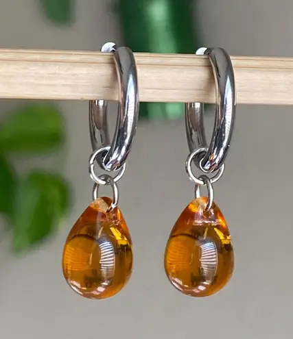Handmade amber teardrop Czech glass simple minimalist hoop earrings🧡