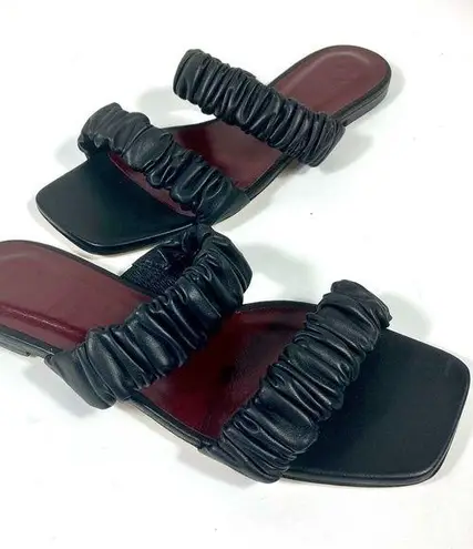 Staud Maya Ruched Slide Sandals Black EU 39 NEW Leather Double Strap Logo Size 8