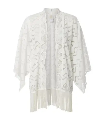 Anna Sui Women's Ivory Leaf Lace Fringe Kimono in White Elbow-Length Sleeves NEW