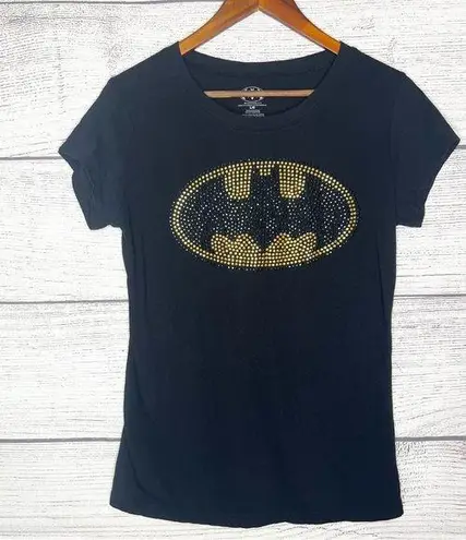 DC Comics Black Fitted Tee with Gold Embellished Batman Logo Women’s Size Large
