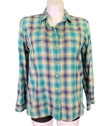 Duluth Trading Co Womens Shirt Top Plaid Button Down Collared Green Blue Large