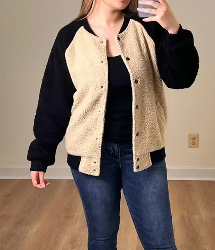 Movint Colorblock Raglan Sleeve Fleece Bomber Jacket L Black Tan Teddy Size L