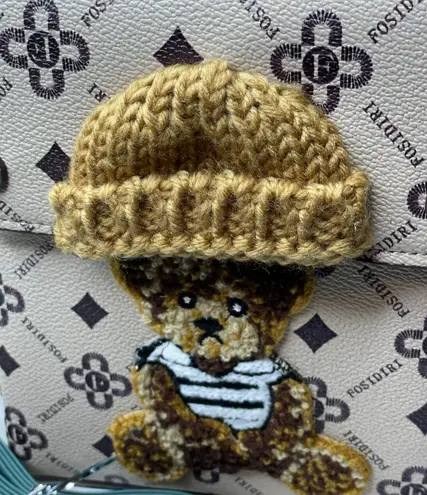 Fluffy Bear Decor Top Handle Purse, Faux Leather, Removable strap. Green strap Brown