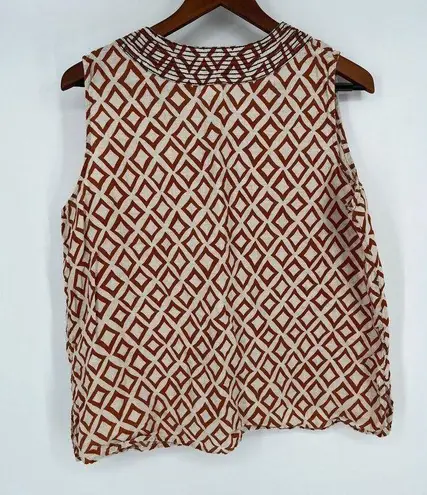 Lands'End  Sleeveless Tunic Top Sz 16P White Rust Orange Geometric Linen Shirt