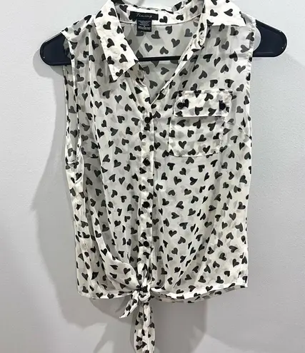 Timing Black and white heart print tie waist chiffon blouse size small