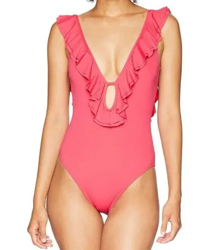 Michael Kors NWT  Ruffled Low Cut One Piece Swimsuit Grapefruit Pink Size 10 NEW